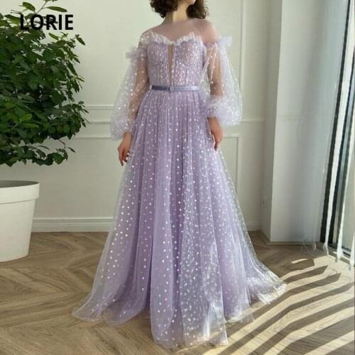 LORIE Glitter Prom Dresses O-Neck Tulle A-Line Shiny LOVE Purple Arabic Evening Wedding Party Celebrity Gown for Graduation