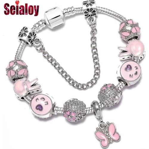 Fashion Pink Butterfly Charm Bracelets For Women Men Original V Gesture Flowers Bear Footprints Beads Bracelet Bangle