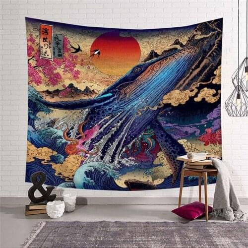 Home decor Japan Kanagawa Waves Printed Hanging Tapestry Whale Arowana Wall Hanging Tapestries Boho Bedspread Yoga Mat Blanket