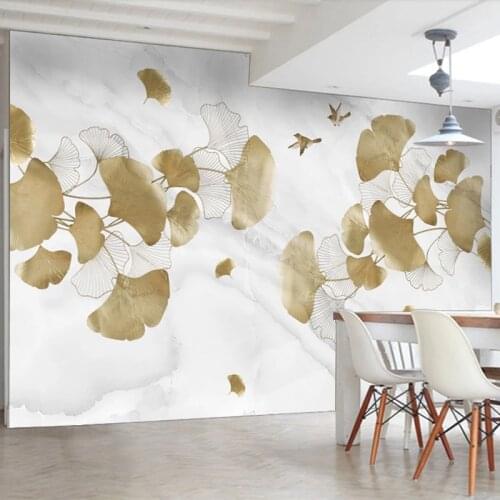 Custom Mural Wallpaper 3D Golden Ginkgo Leaf Bird Marble Wall Paper Living Room TV Sofa Bedroom Background Decor Papel De Parede