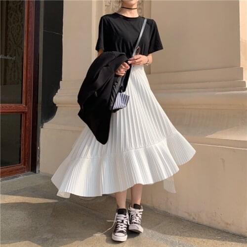 Harajuku Pleated Long Skirts Women Korean High Waist Black white Asymmetrical Skirts Ladies Plus Size Midi Skirt jupe femme