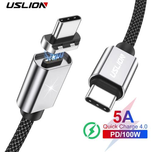 USLION 100W 5A Magnetic Cable USB Type C Charging Type-C Fast Charging For Samsung Xiaomi Huawei MacBook Pro iPad Laptop Switch