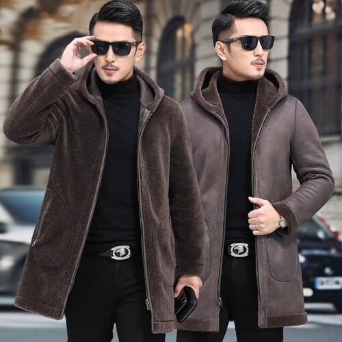 2020 New Winter Men Real Fur Coat Male Hooded Sheep Shearling Natural Lamb Fur Coats Man Genuine Leather Mid-long Jacket Z56