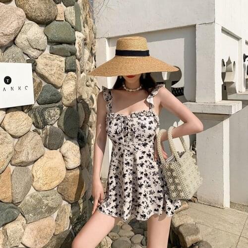 2021 new ins wind printing French holiday Korea slim belly hot spring holiday conservative one-piece swimsuit woman
