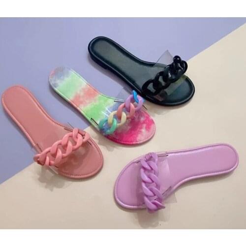 2021 Women New Candy Color Sandals Fashion Chain Decoration Upper Multicolor Sandals Plus Size Flat Flop Slippers