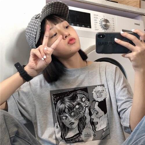 Japanese new summer female Harajuku dark casual fashion big size Vintage tops short-sleeved couple hip-hop tees cartoon T-shirt