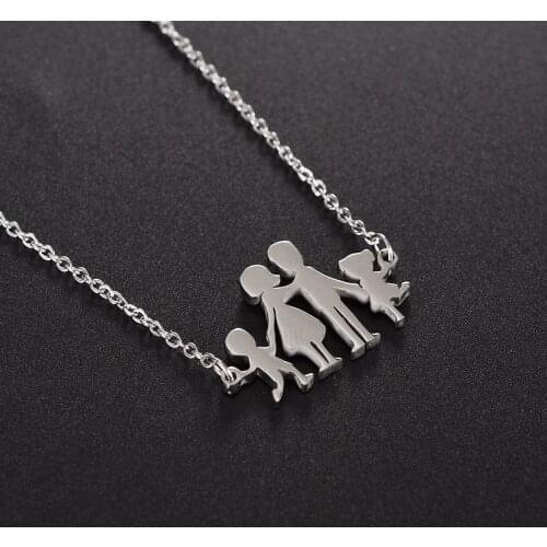 Polished Stainless Steel Loving Family Parents with 2 Children Pendant Necklace Special Day Jewelry Gifts for Mother Daughter
