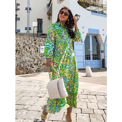 Foridol Paisley Print Shirt Dress Elegant Autumn Winter Green Dress Floral Print Boho Female Maxi Dress Long Sleeve Dress