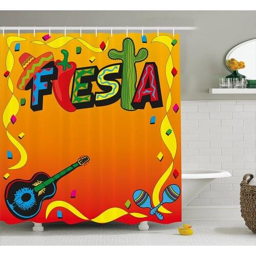 Fiesta Shower Curtain Latino with Swirled Stripe Frame with Musical Instruments Confetti Bath Curtain With Hooks For Bathroom