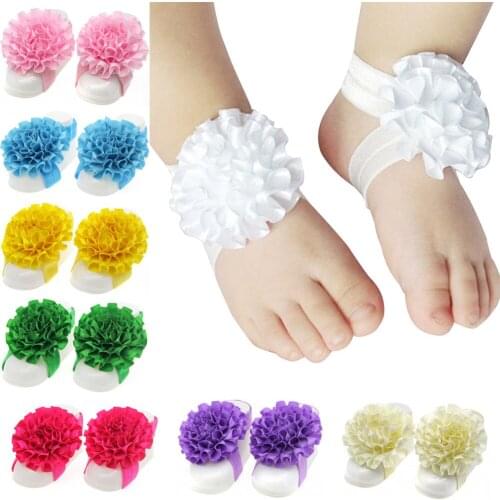 Handmade Folded Floral Infant Barefoots Sandals Newborn Elastic Band with Foot Flowers One Hundred Days Baby Photography Props