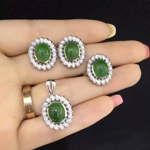 Natural green jasper gem jewelry sets natural gemstone ring Pendant Earrings 925 silver personality Elegant Luxury Flowers twist