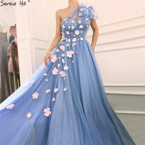 Blue One Shoulder Sexy Beach Evening Dresses Handmade Flowers Pearls Sleeveless Evening Gowns 2020 Serene Hill LA60814