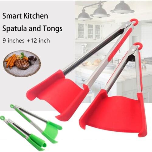 2 in 1 Smart Kitchen Spatula and Tongs Non-Stick Heat Resistant Stainless Steel Frame Silicone Tongs Kitchen Gadget