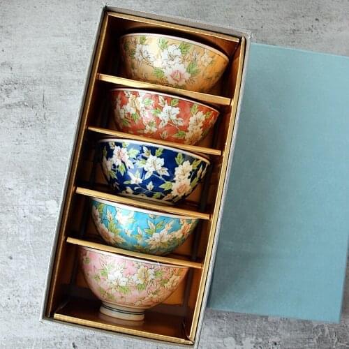 Japanese Imported And Wind Ceramics Rice Bowl, Camellia Flower High-footed Tea Porridge Bowl Gift Box