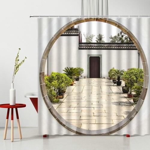 Shower Curtains Chinese Style Architectural Landscape Tang Feng Building Arch Bridge Polyester Fabric Mildew Proof Cloth Curtain