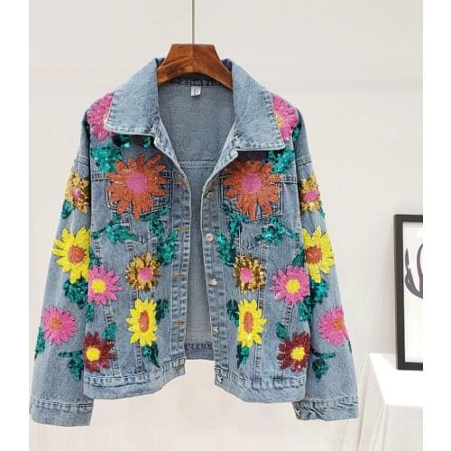 Womens spring autumn casual loose flower sequins beaded denim jacket female high waist plus size jean jacket outwear TB905