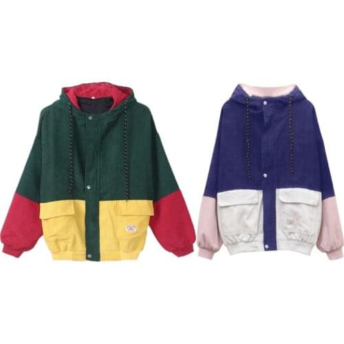 2018 Winter Women Unisex Color Block Patchwork Corduroy Hooded Jacket Hip Hop Coat Oversized Long Sleeve Hoodies