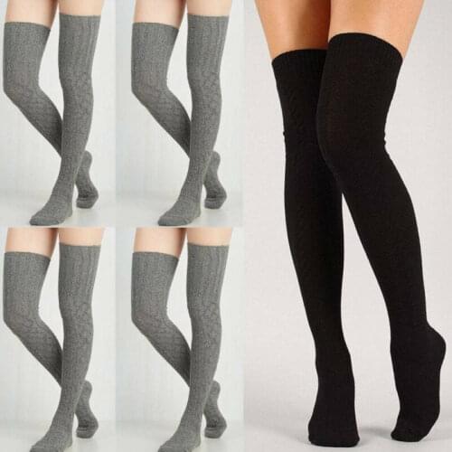 Women Winter Cotton Thick Crochet Cable Knit Over knee Long Boot Wool Warm Thigh High Stockings Pantyhose Leg Warmers Black Gray