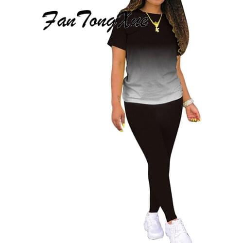 Two Piece Set Women Summer/autumn 2021 Gradient T-shirt&solid Pants Sporty 2pcs Short Sleeve Sheath Long Pants 2 Piece Set Women