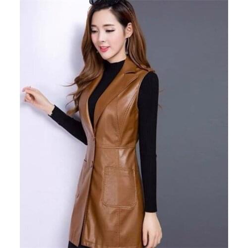 Plus Cotton Vest Coat Womens PU Leather Jacket Waistcoat Long 2021 Suit Vest Sleeveless Women Cardigan Suit Vest Outcoat Black