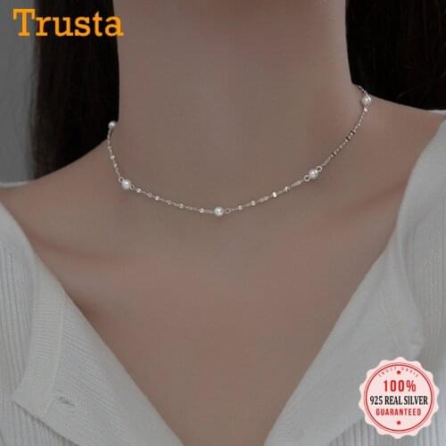 Trustdavis Real 925 Sterling Silver Fashion Synthesis Pearl Chain Clavicle Necklace For Women Wedding Party S925 Jewelry DA2315