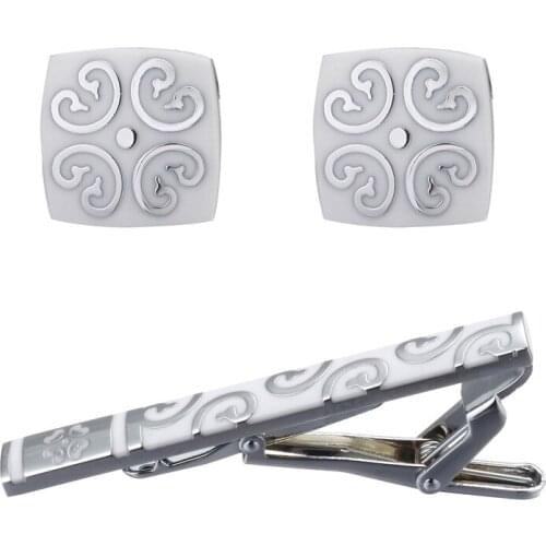 2017 High Quality Stainless Steel Enamel white stripes Cufflinks and Tie Clip Clasp Bar Set Gift Box Gift For Men French Shirt