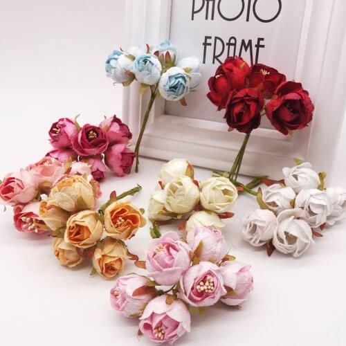 6pcs/lot Mini Silk Artificial Rose Flowers Bouquet Wedding Decoration Paper Flower For DIY Scrapbooking Handmade Flower Ball