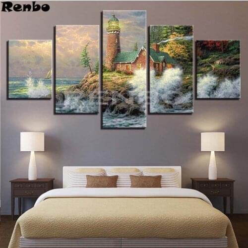 5 pcs Diamond Embroidery Seaside Landscape 5D DIY Diamond Painting Lighthouse Full Square Drill Mosaic Picture Of Rhinestones