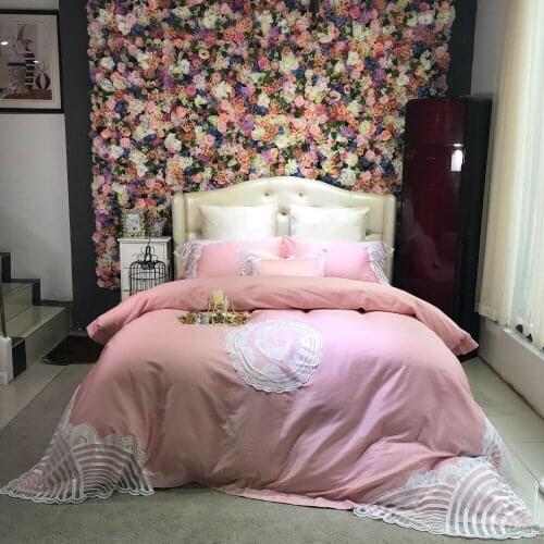 Noble 80S Egyptian cotton Embroidered Bedding sets Queen King Luxury White Lace Duvet cover Princess Bed sheet set Pink 4/6pcs