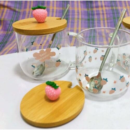 Girl Sweet Strawberry Cup Glass with Handle Water Cup Home Cute Spoon with Lid Ins Transparent Water Cup