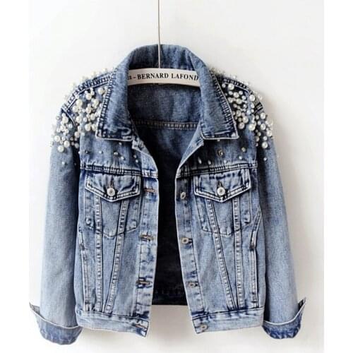 Denim Jacket Women Autumn New Plus Size Outwear Womens Coat Long Sleeve Pearls Casual Denim Jackets Short Ladies Jean coats