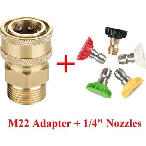 High Pressure Washer Copper Connector Adapter M22 Male 1/4" Female Quick Connection Adapter & 5 Pcs Car Washing Nozzles