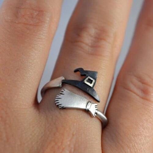 Cute Halloween Decoracion Jewelry Women Rings Witch Hats Broom Mop Pumpkin Lamp Alloy Finger Rings Hollow Out Mens Ring #288604
