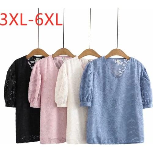 New 2021 Ladies Summer Plus Size Tops For Women Large Blouse Short Sleeve Casual Blue Embroidery V-neck Shirt 3XL 4XL 5XL 6XL
