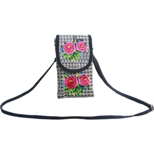 New National Style Embroidered bag womens mobile phone bag flip Canvas Messenger Bag double-layer wallet