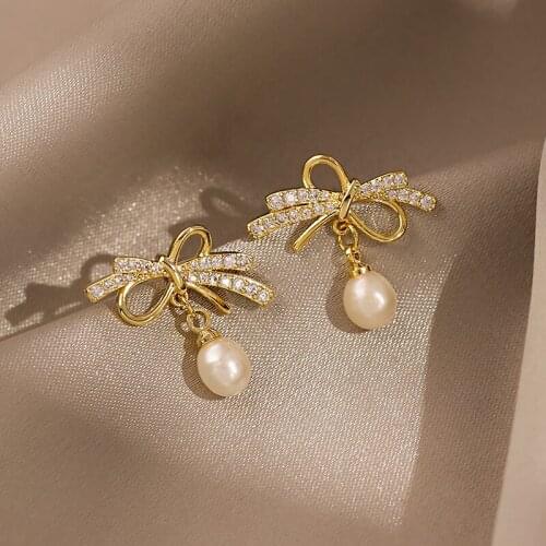 2021 New Arrival Metal Trendy Bowknot Women Dangle Earrings Korean Earrings Pearl Simple Female Elegant Jewelry