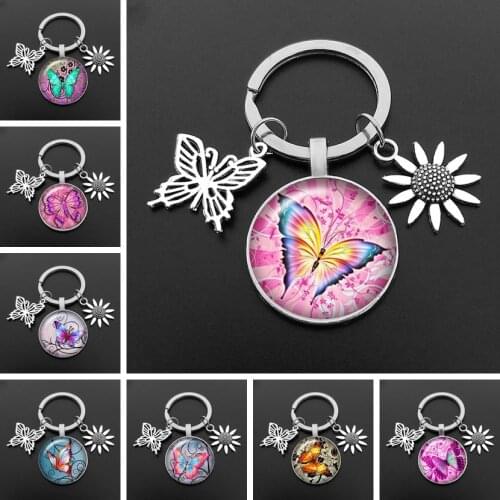 New Butterfly Keychain Flower Key Ring Glass Cabochon Female Fashion Jewelry Quality Bag Car Charm Key Chain Kid