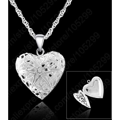 One PC Frame Case Picture Necklace 925 Sterling Silver Jewelry Heart Pendant Necklaces +18 inches Singapore Chain