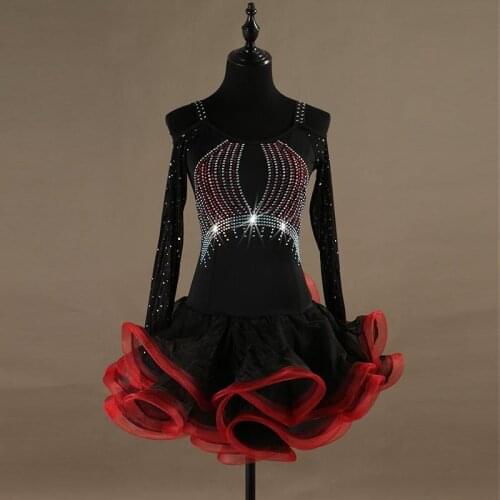 Women Long Sleeve Salsa Samba Rumba Competition Dresses Rhinestone Latin Dress Cha Cha Performance Clothes Tango Outfit