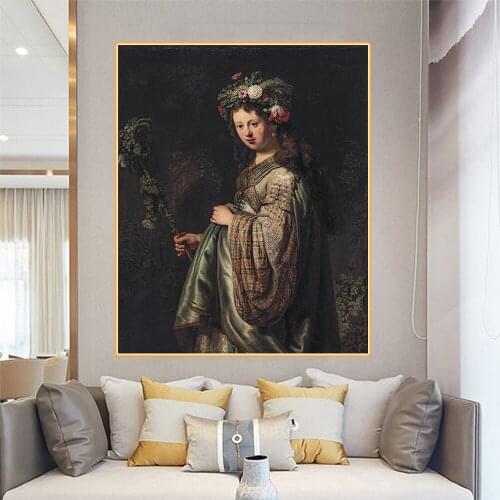 Citon Canvas Rembrandt《Saskia van Uylenburgh as Flora》Art Oil painting Artwork Poster Picture Modern Wall Decor Home Decoration