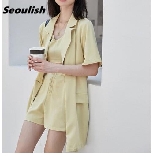 Seoulish 2021 New Summer 3 Pieces Womens Shorts Suits Short Sleeve Loose Blazer Jacket & Chic Shorts Female Office Lady Sets