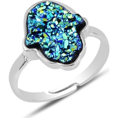 Silverlina Silver Fatma Master Hand Druzy Gemstone Adjustable Tall Ring
