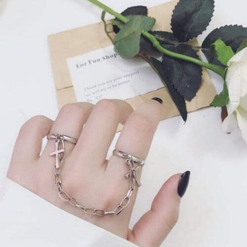 Punk Hip Pop Cross Rings For Women Men Fashion Finger Chain Adjustable Butterfly Open Ring Set Party Jewelry Gifts