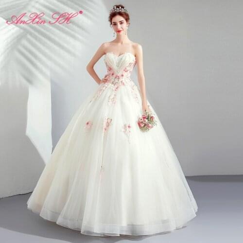 AXJFU princess vintage strapless bride wedding dress luxury beading pink flower champagne lace ball gown wedding dress 3161