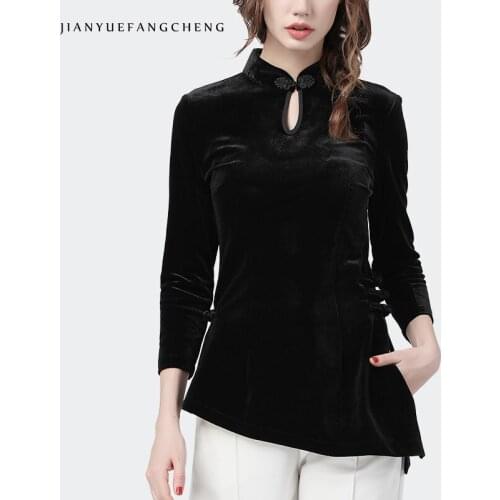 Vintage Women Black Velour Tops Long Sleeve Stand Collar 2021 Spring New Elegant Slim Pullovers Blouses Fashion Irregular Design