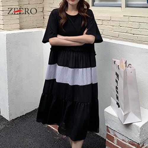 Female Korean Black Casual Ruffle Wrinkles Stripe Splicing Loose Dresses for Women Summer Midi Woman Dress Vestido De Mujer