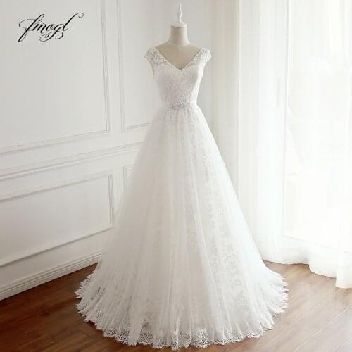 Fmogl Vestido De Noiva Sexy Backless V Neck Lace Wedding Dress 2021 Cap Sleeve Sashes Beaded A Line Bridal Gown Plus Size