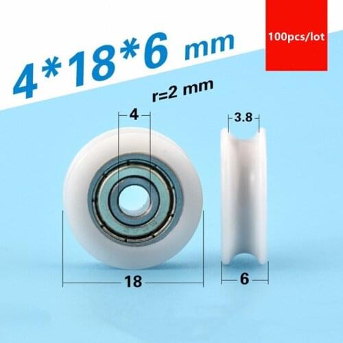 100pcs U groove POM Plastic coated bearing 624ZZ 4*18*6mm door Window furniture guide wheel nylon wrapped pulley roller bearing