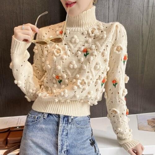 2020 Early Autumn Fashion Handmade Three-dimensional Flower Design Turtleneck Sweater Womens Sweet Ball Sweaters Jumper Pull