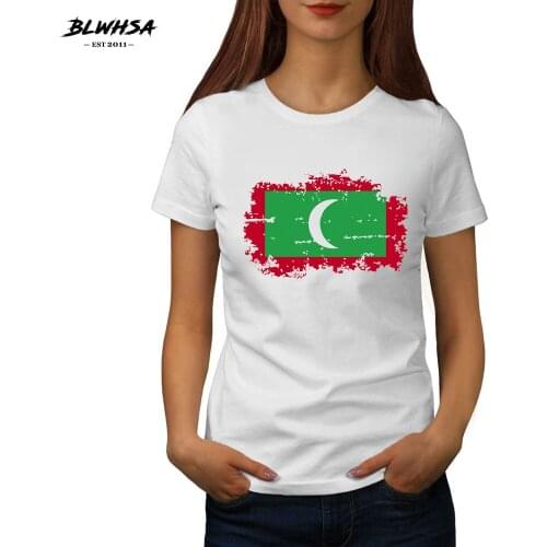 BLWHSA Summer Women T-Shirt Maldives National Flag Print Casual Women Fashion Short Sleeve 100% Cotton White T-Shirts